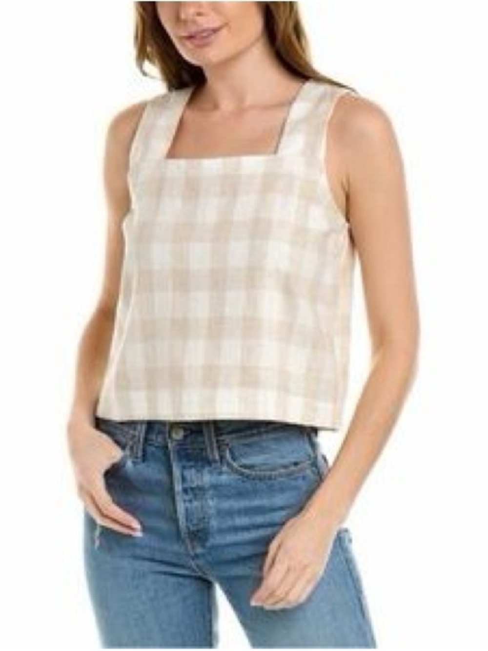 Madewell Beige Plaid Square-Neck Crop Tank
